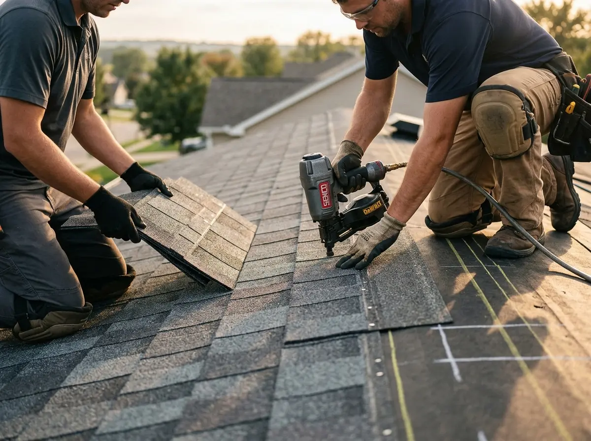 Professional roofer working on a residential roof in East Fallowfield